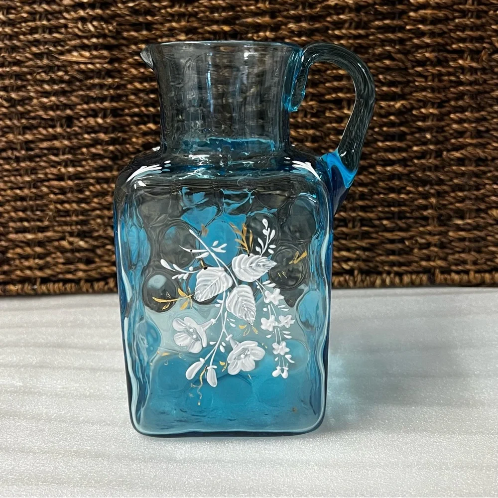 Vintage Victorian Blue Art Glass Enameled Hand-Painted Pitcher